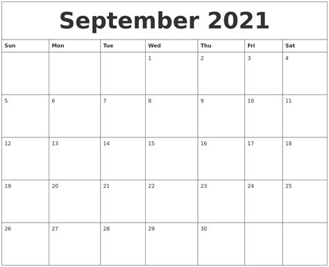September 2021 Blank Calendar Printable
